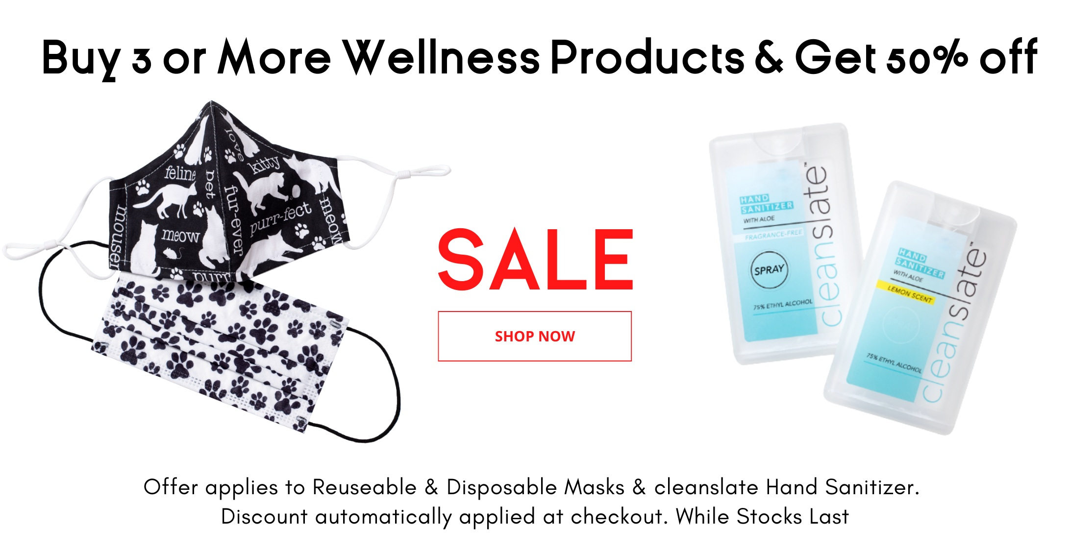 face masks and hand sanitizer buy 3 get 50% off