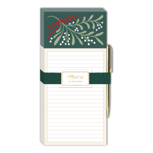 Green mistletoe-themed magnetic list pad, ideal for keeping tasks organized.