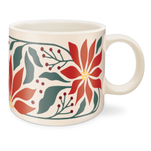 Poinsettia-themed mug, great for enjoying festive beverages.