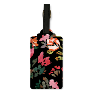 Black luggage tag with hazy floral patterns, ideal for identifying your bags.