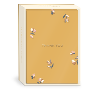 Mustard thank-you note cards with ditsy patterns, perfect for thoughtful messages.