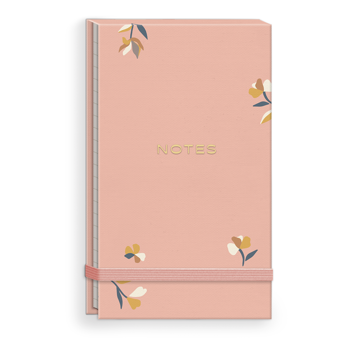 Pink fabric notepad with ditsy designs, perfect for stylish note-taking.