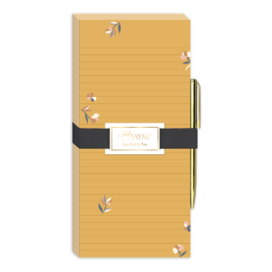 Mustard magnetic list pad with ditsy patterns, great for task management.