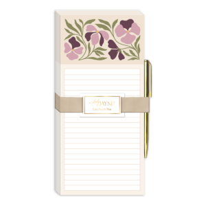 Pansy-themed magnetic list pad, perfect for keeping notes handy.