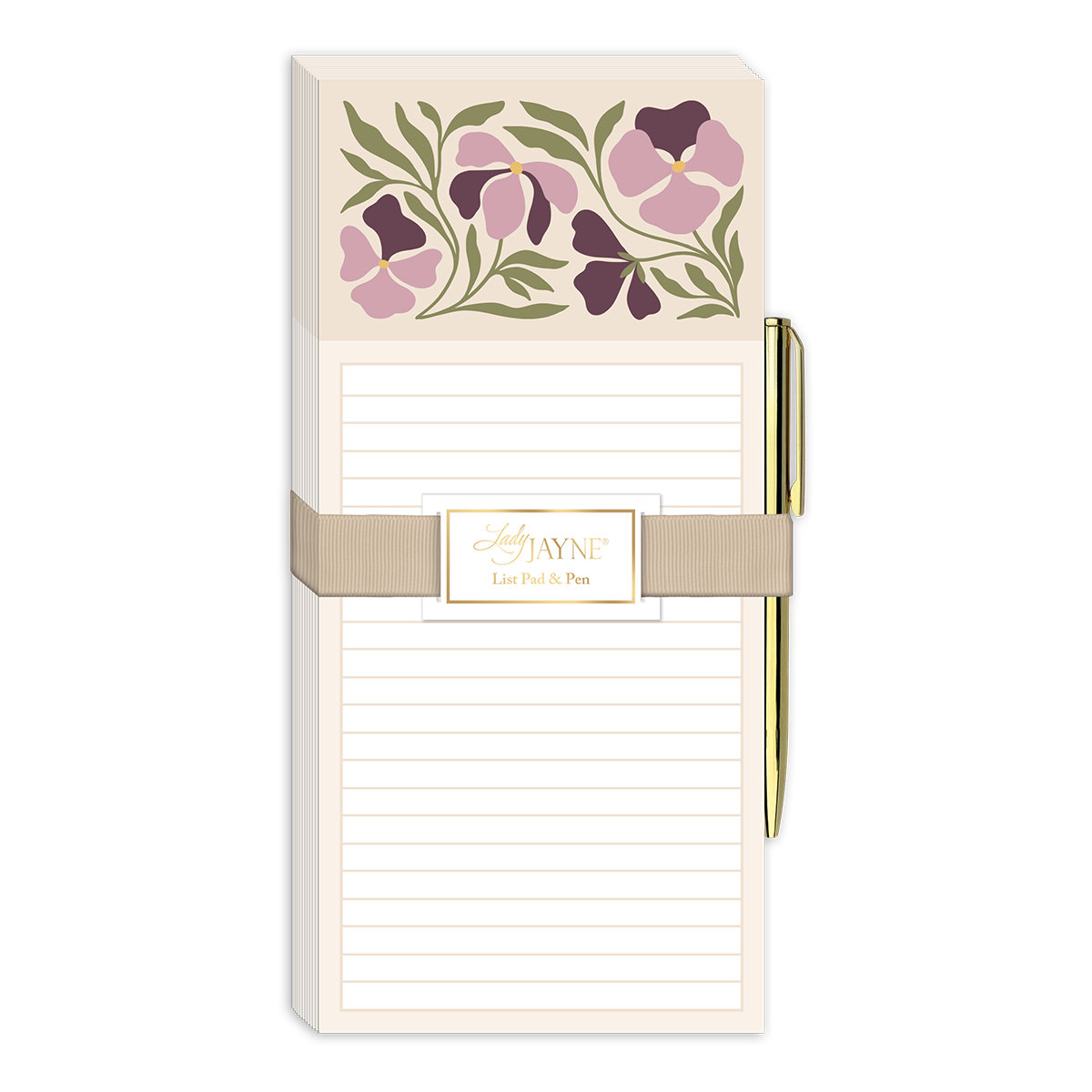 Pansy-themed magnetic list pad, perfect for keeping notes handy.