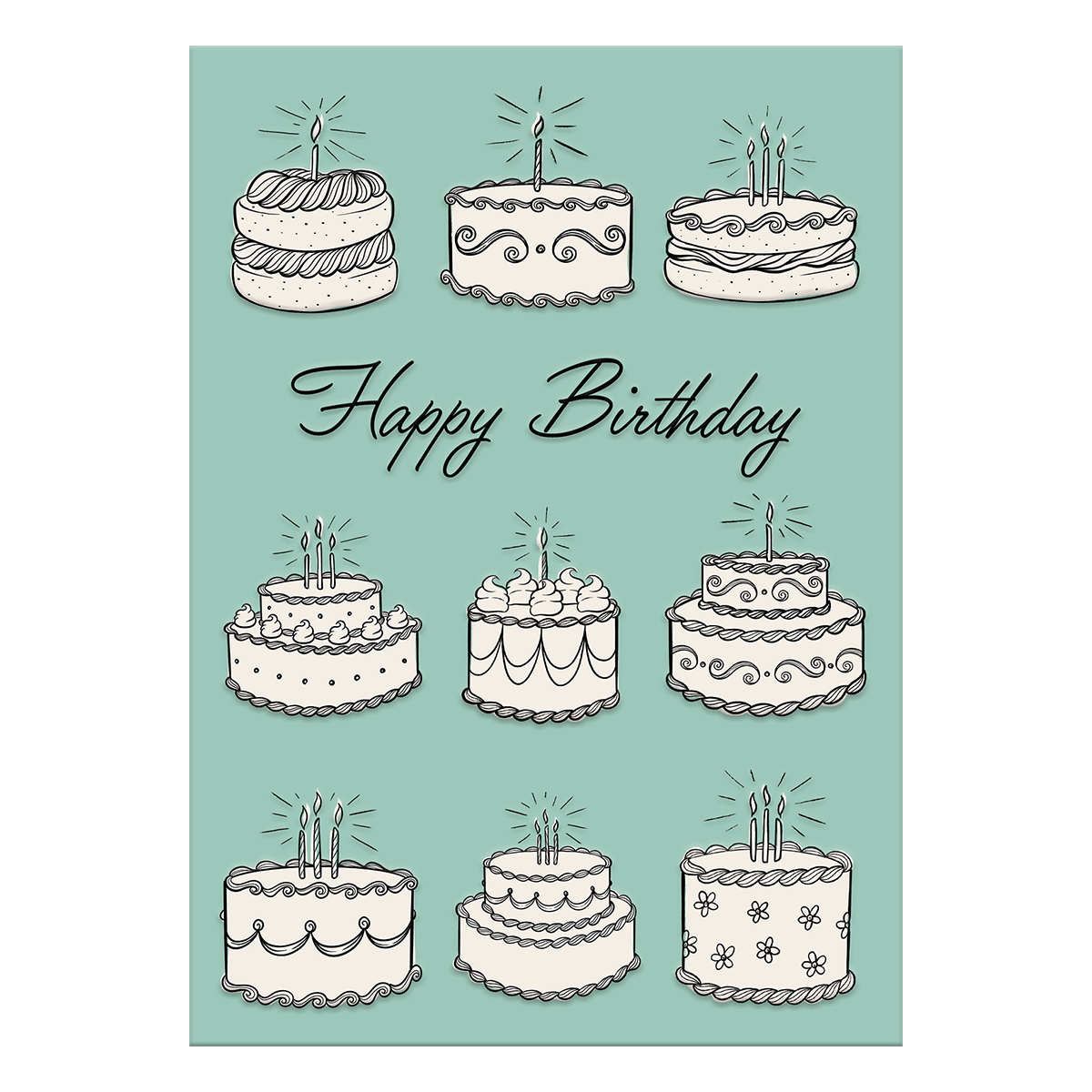 Linework cake-themed birthday card, great for artistic greetings.