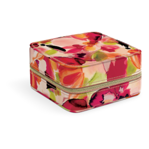 Coral jewelry case with hazy floral patterns, great for elegant storage.