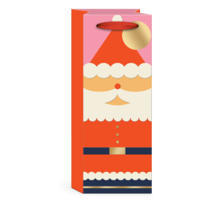Santa-themed wine bag with geometric designs, perfect for holiday gifting.
