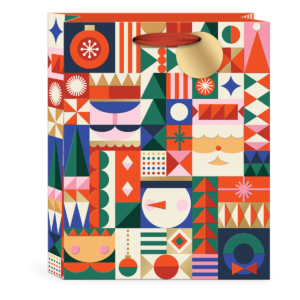 Multi-themed large gift bag with geometric patterns, great for festive presents.