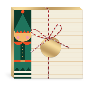 Elf-themed square notepad, perfect for holiday planning.