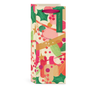 Cream wine bag with holiday designs, perfect for festive gifting.