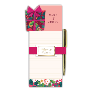 Present-themed die-cut notepad, great for festive reminders.