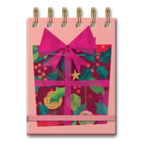 Present-themed spiral notepad, ideal for jotting down holiday ideas.