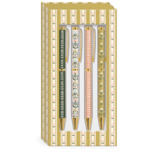 Mustard stripe boxed pens, great for writing enthusiasts.