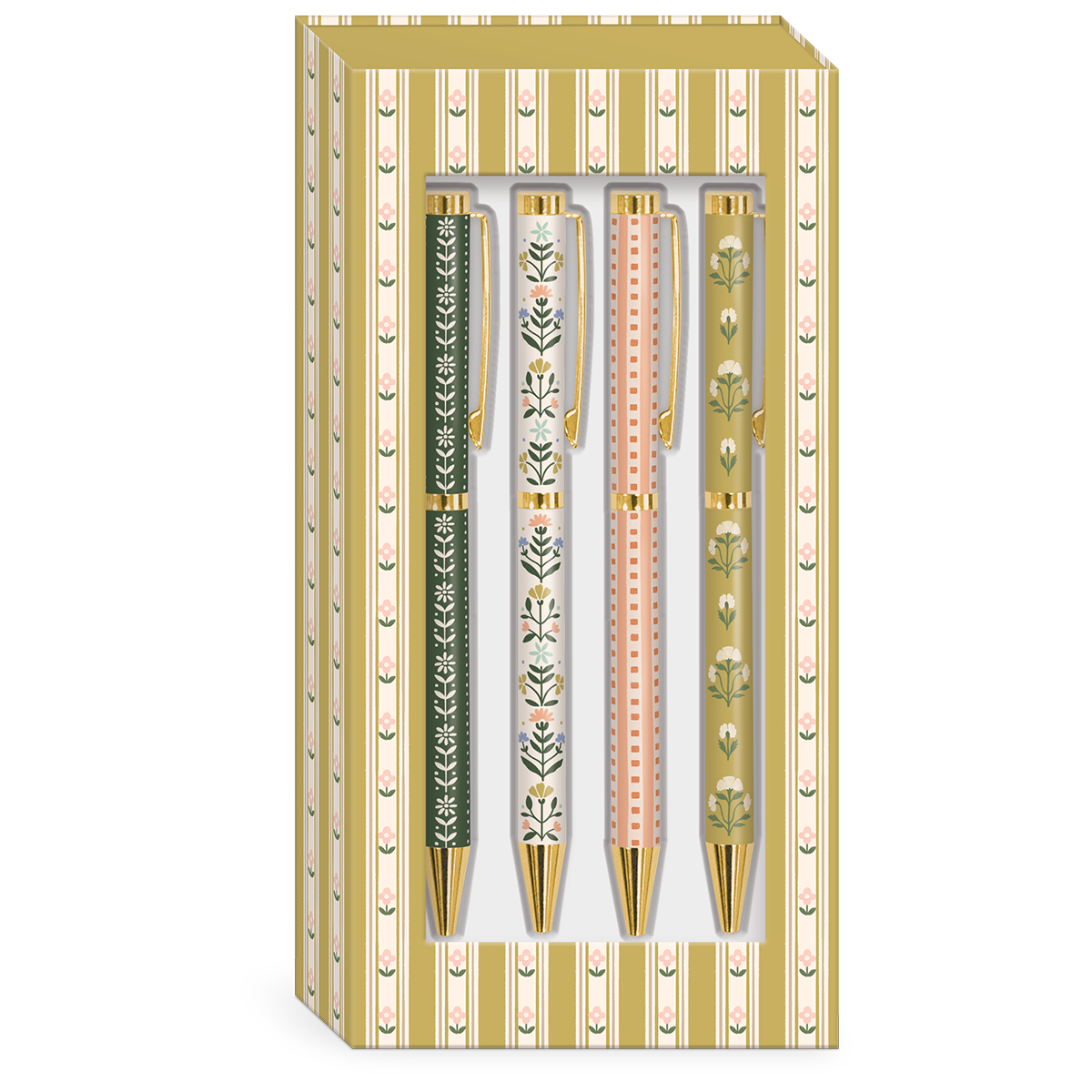 Mustard stripe boxed pens, great for writing enthusiasts.
