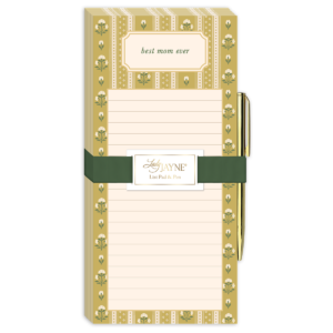 Mustard stripe magnetic list pad, perfect for keeping notes handy.