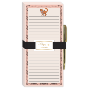 Orange cat-themed magnetic list pad, perfect for keeping notes handy.