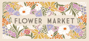 colorful artwork of flowers and flora with flower market text highlighting collection artwork